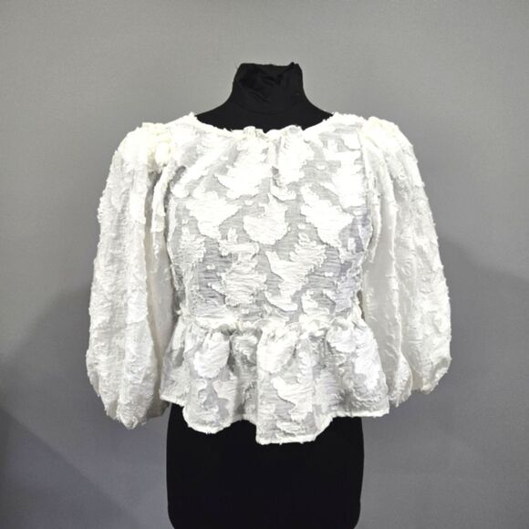 🐢 Free People Callie Puff-Sleeve Appliqué Top Size S - Picture 1 of 12